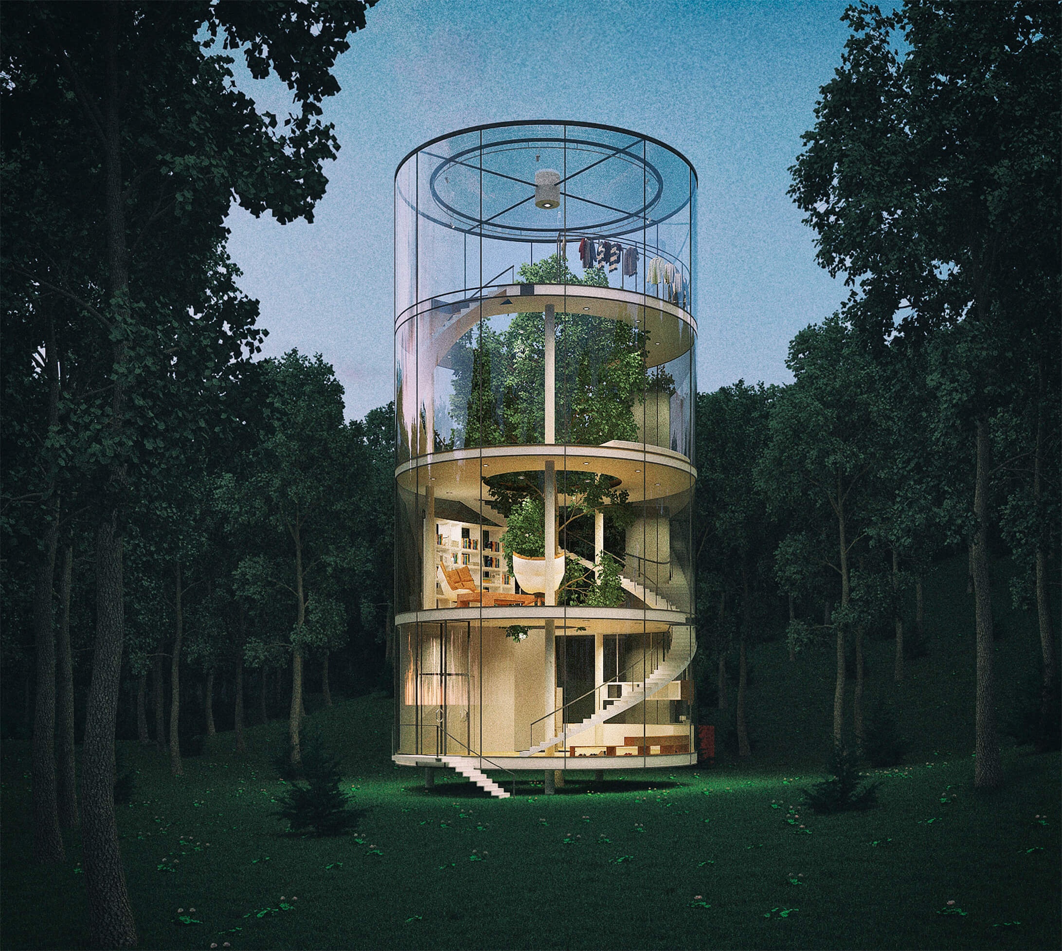 Странный дом построенный. Цилиндрический стеклянный дом вокруг дерева от Айбека Алмасова. Дом вокруг дерева. Необычные домики. Дом цилиндр.