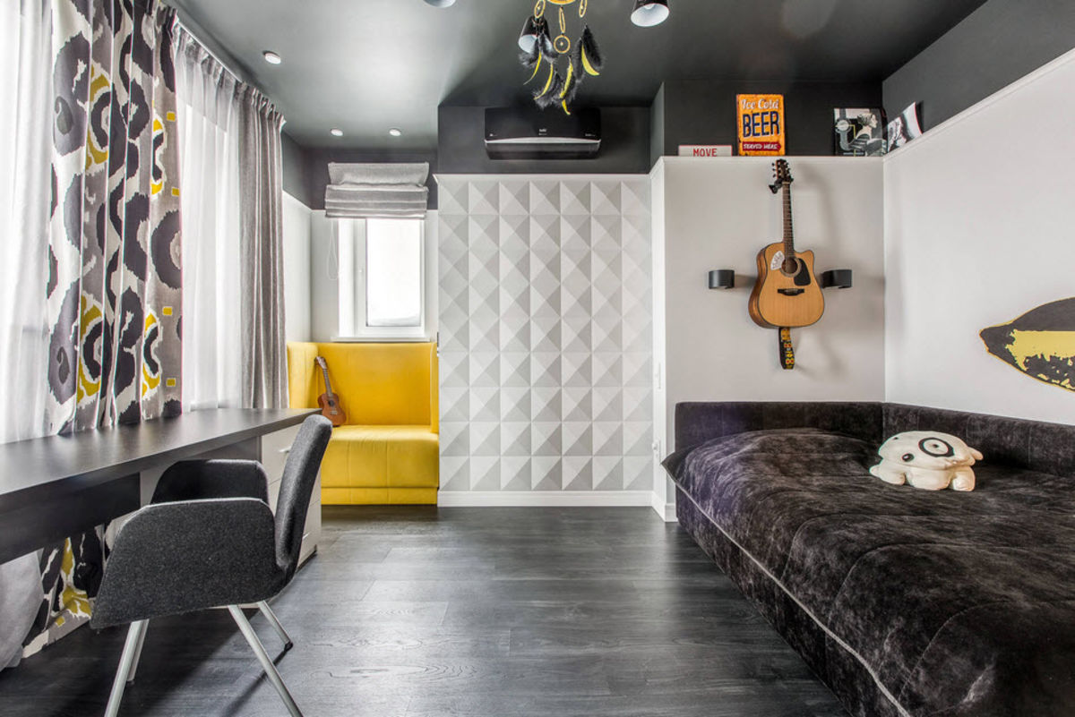 плитка черная с желтым. спальня в ярких тонах. напольное покрытие для гаража. желтый интерьер. желтые стены в интерьере.